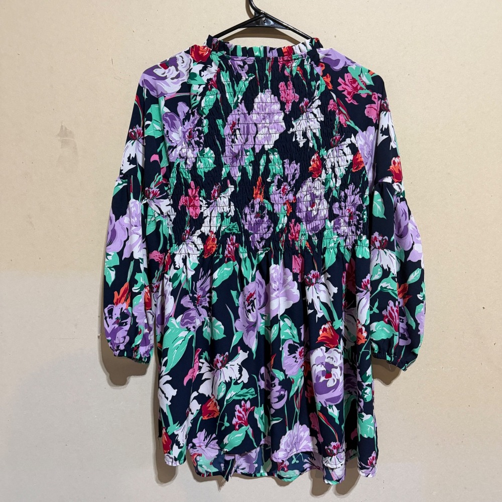Caffe Marrakesh Floral Smocked Tunic Top Navy Purple Green Size M - Picture 4 of 7